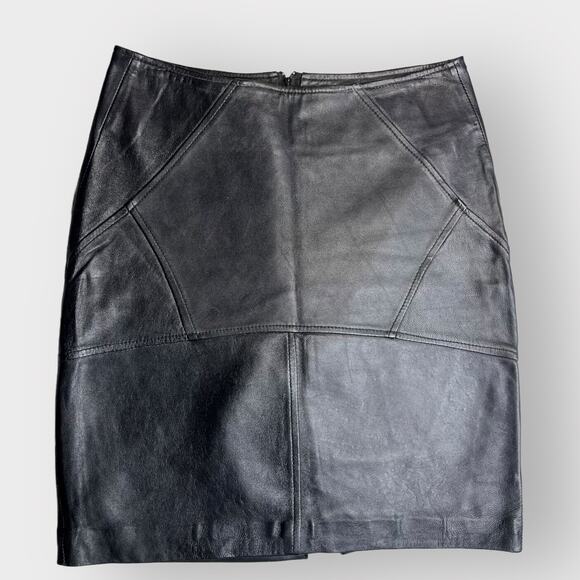 Vintage Y2K Bebe Design Lab XS Black Leather Patchwork Mini Skirt Back Zip Slit - Picture 2 of 5